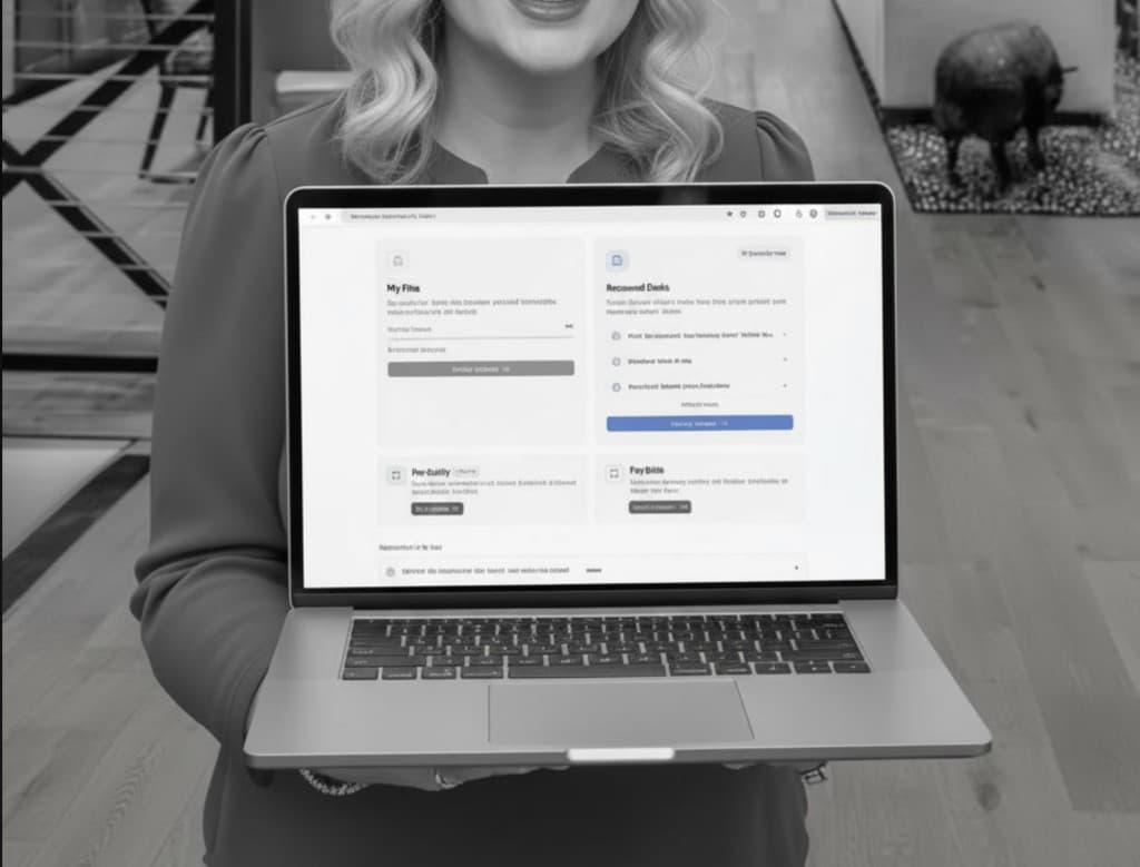 Karrie Christen holding a laptop displaying the karrie.ai app dashboard with custom AI persona, visual content tools, saved posts, and posting goal tracking, black and white editorial photo