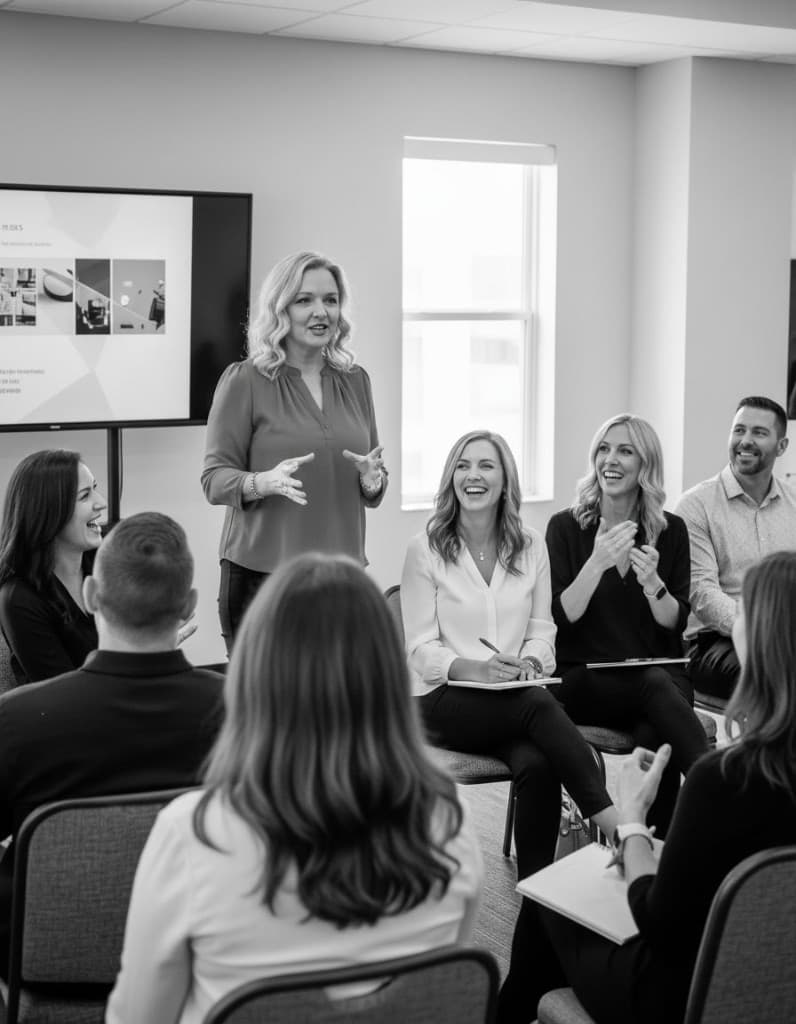 Karrie Christen presenting on AI and business strategy to a group at a workshop or speaking event, black and white editorial photo