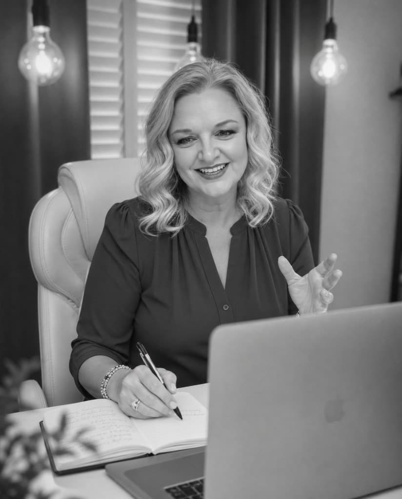 Private Mentorship: One-on-one AI coaching with Karrie Christen Karrie Christen leading a private AI mentorship session over Zoom with a one-on-one client, black and white editorial photo