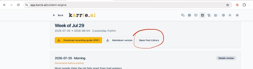 karrie.ai Content Engine showing a week of personal posts with recording guide download and post review