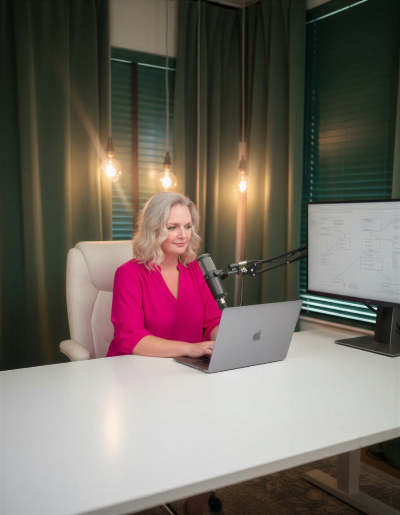 AI business operations and workflow systems Karrie Christen at her desk with AI business workflow systems on screen and podcast microphone, building operations for entrepreneurs