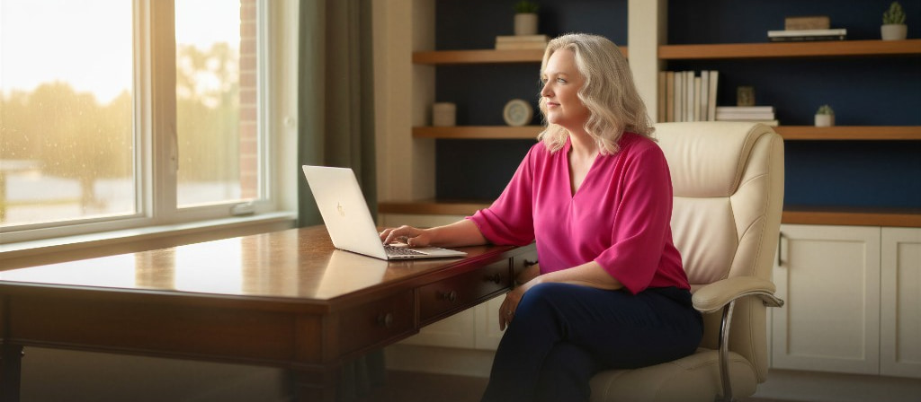 The AI opportunity for expert businesses Karrie Christen in fuchsia pink at a wooden desk with laptop, looking toward the window in a cinematic editorial business portrait