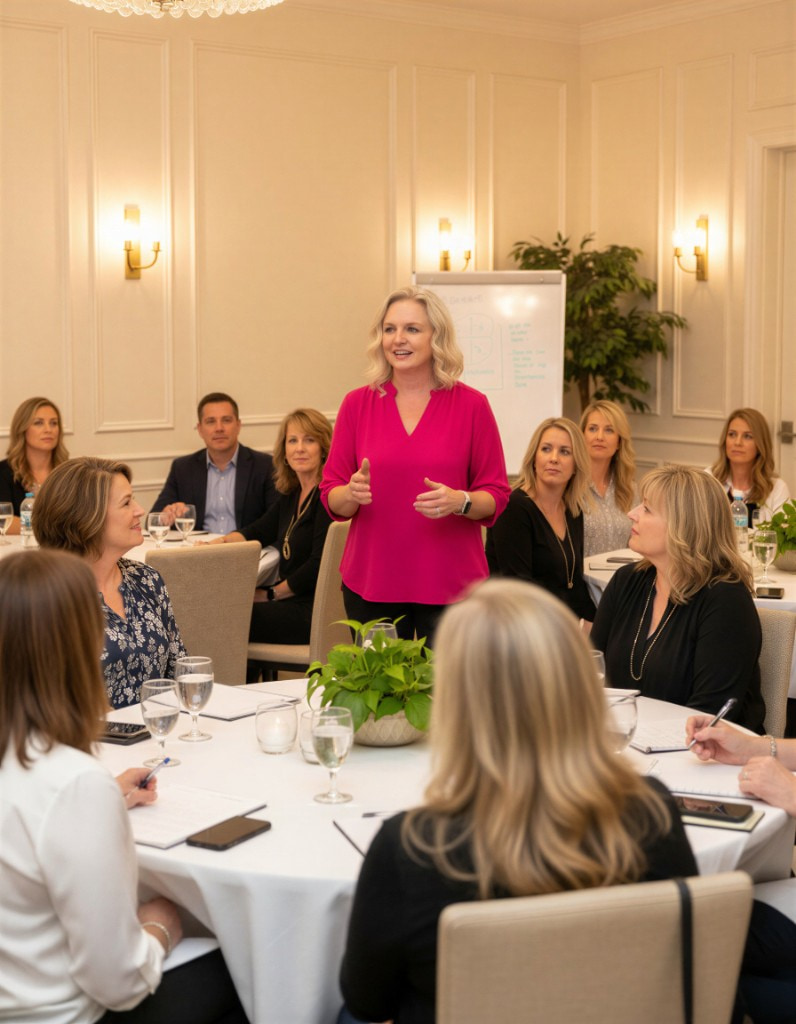 AI workshops and speaking for entrepreneurs Karrie Christen in fuchsia pink leading an AI workshop for entrepreneurs at a round-table business event