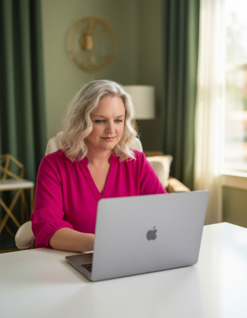 Karrie Christen building a custom AI system on her laptop in a warm editorial office setting