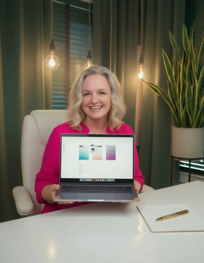 Custom AI app builds for expert businesses Karrie Christen in fuchsia pink demonstrating a custom AI app on a laptop for entrepreneur clients