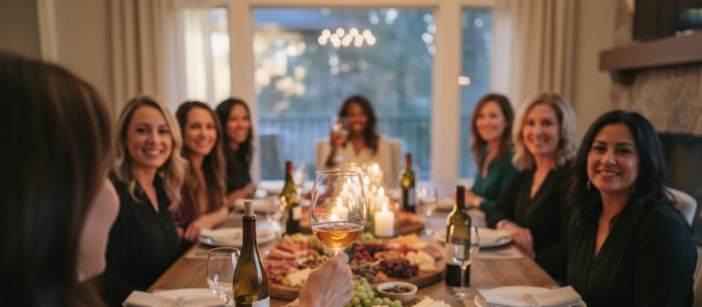Women in their 40s 50s and 60s toasting at a candlelit chef dinner at Make It Real Retreats