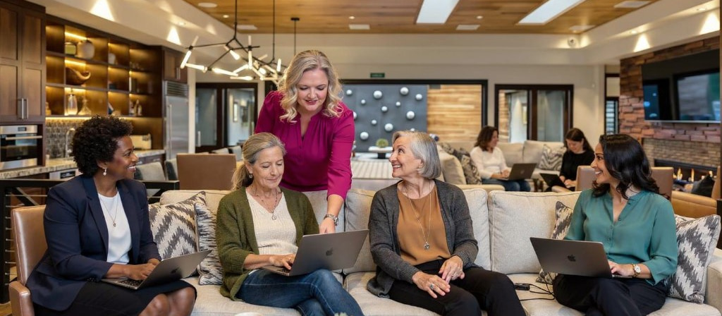 Karrie Christen leading a Make It Real Retreat group working on laptops in a luxury retreat house