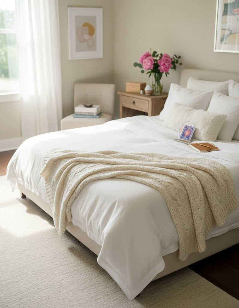 Sunlit guest bedroom with white linen and pink peonies at Make It Real Retreats Unleash Your Impact