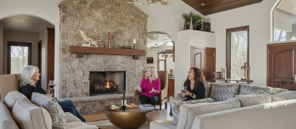Unleash Your Presence: Make It Real Retreats Karrie Christen in fuchsia pink hosting a small group of women at the Unleash Your Presence Make It Real Retreat