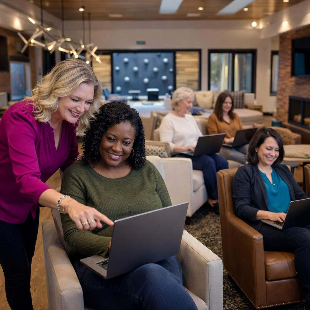 Karrie Christen coaching a woman on her laptop at a Make It Real Retreat with other women working in background
