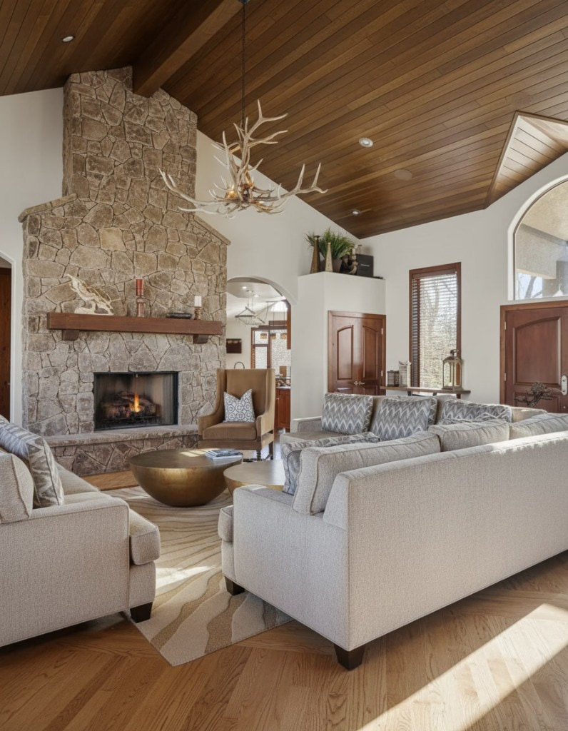 Luxury retreat house living room with vaulted wood ceiling and stone fireplace for Make It Real Retreats