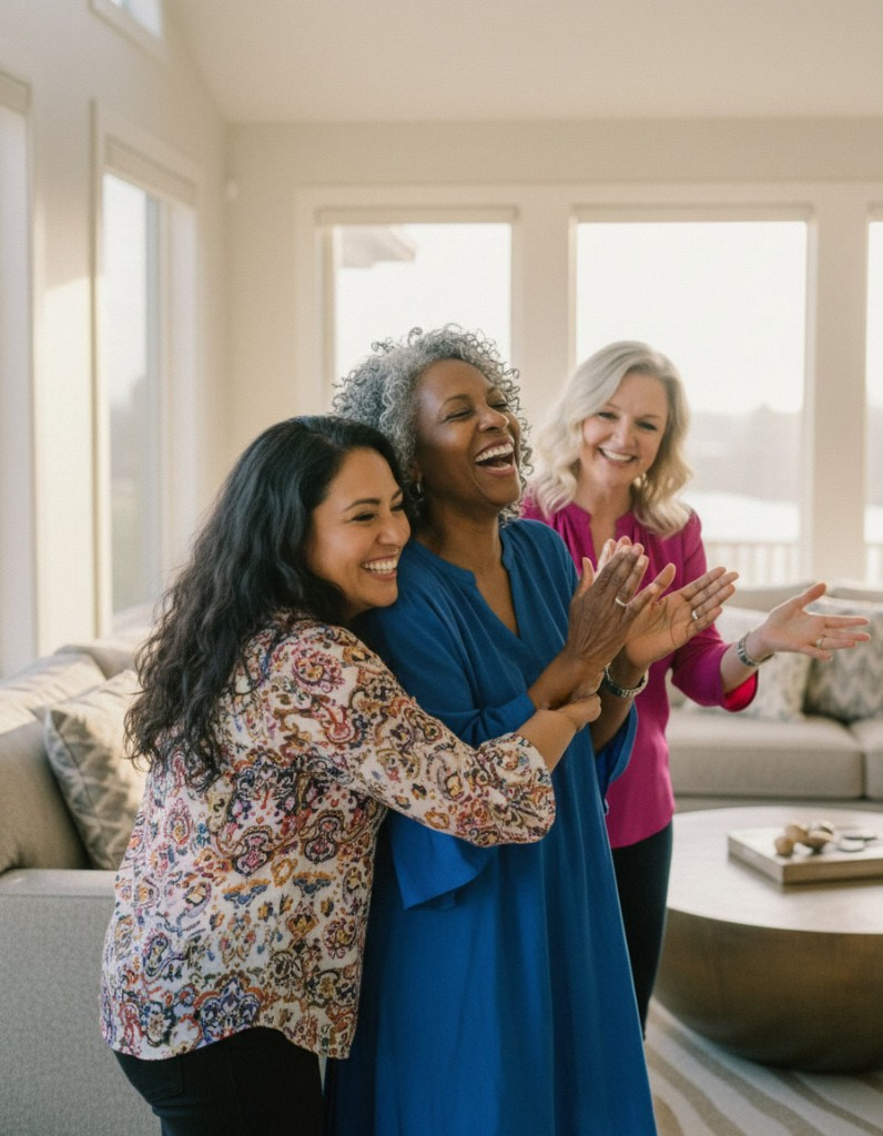 Unleash Your Presence: Women in your corner Women in their 40s 50s and 60s embracing with joy at the Unleash Your Presence retreat, Karrie in fuchsia