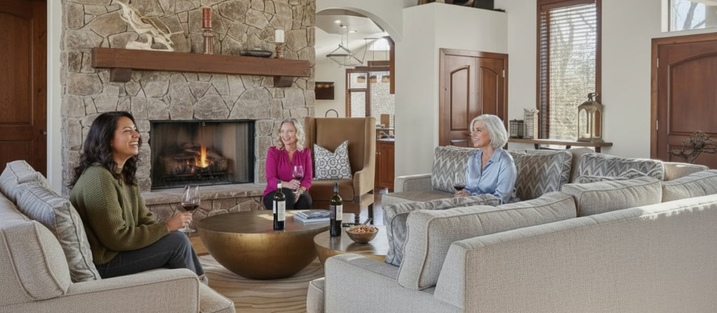 Women connecting in a luxury retreat living room at the Unleash Your Impact Make It Real Retreat